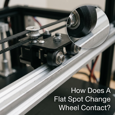 Magnified view of a flat spot on a 3D printer V-wheel affecting rolling contact