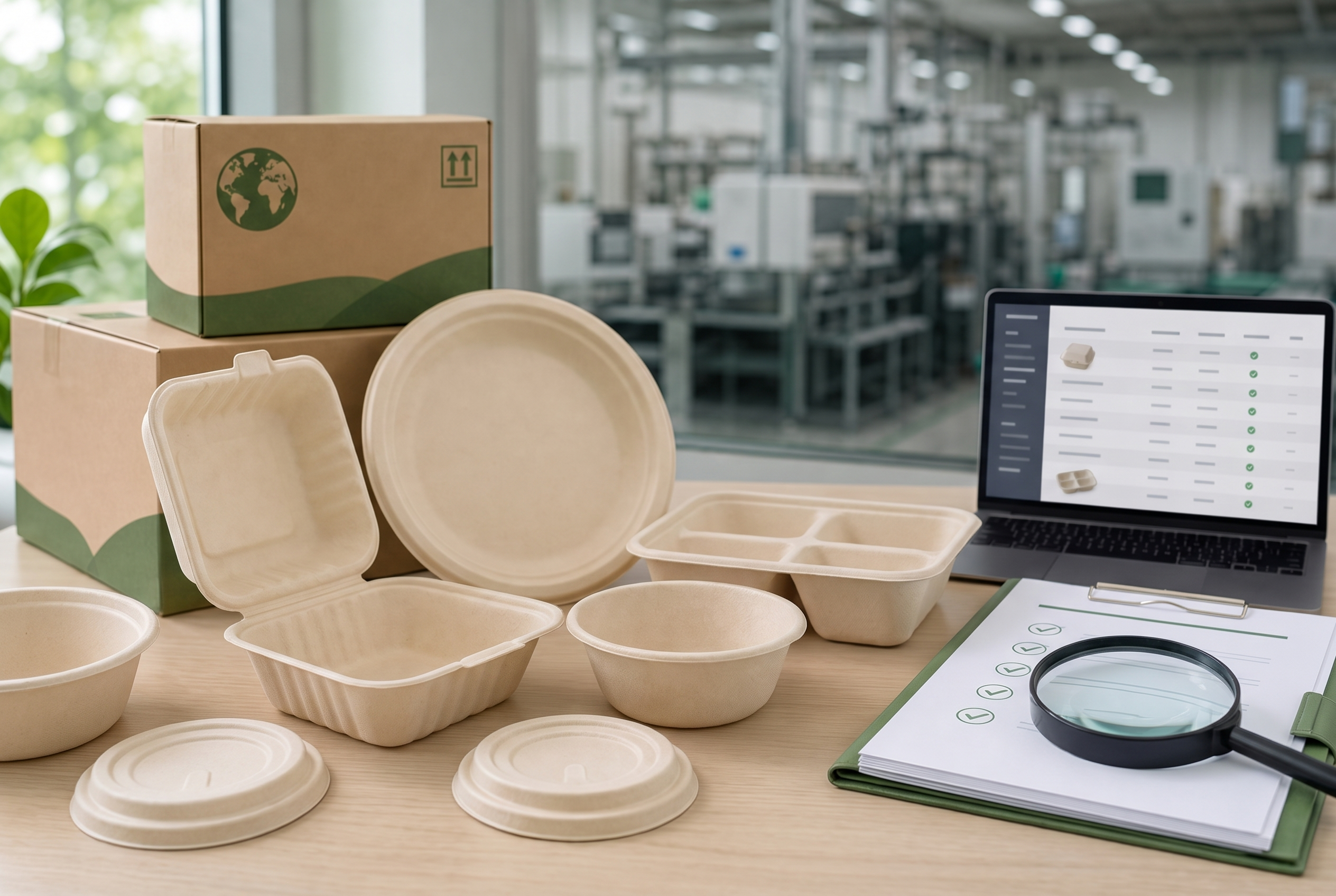 Bagasse food packaging products with SKU-level compliance document verification